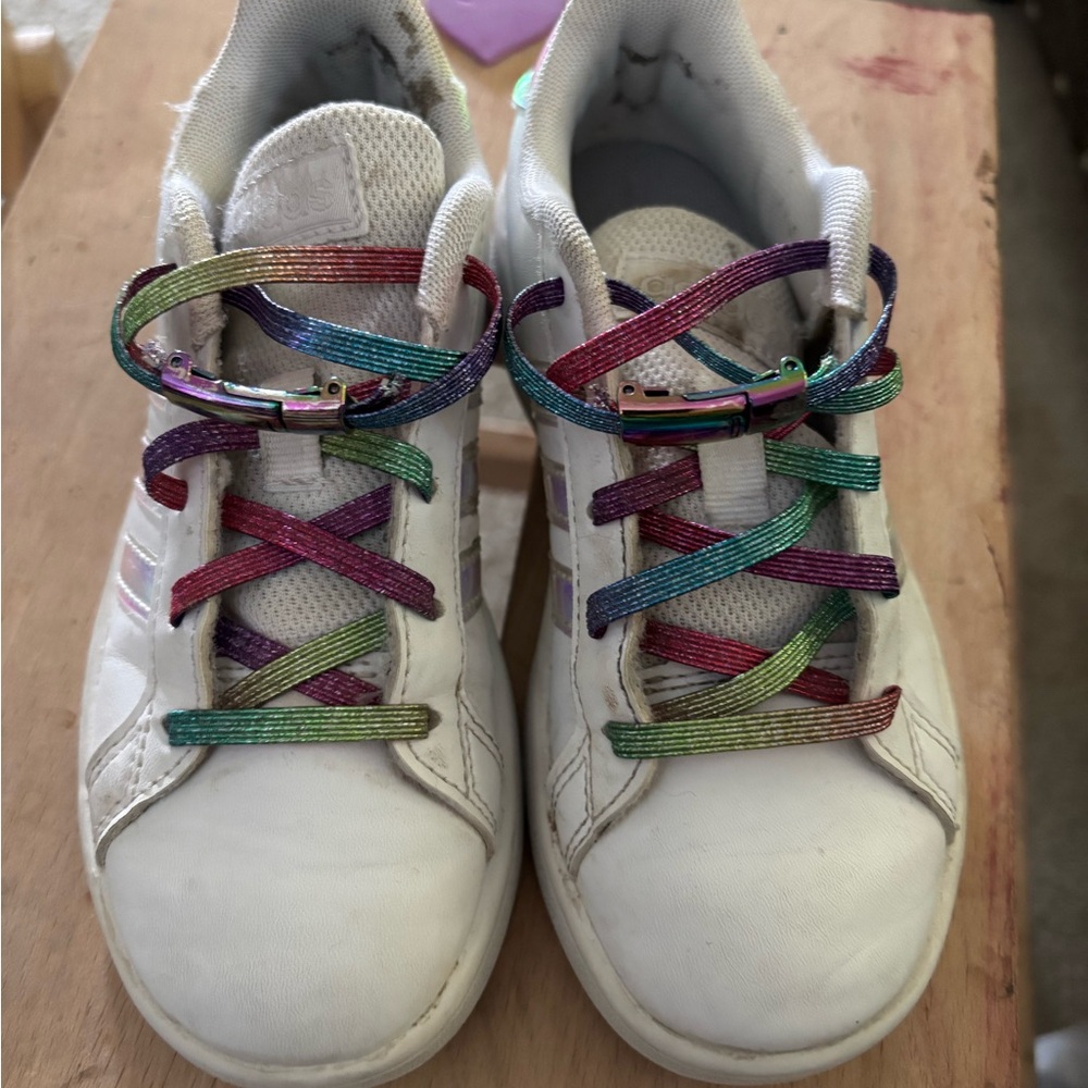 Adidas Kids White Sneakers with magnetic Rainbow Laces